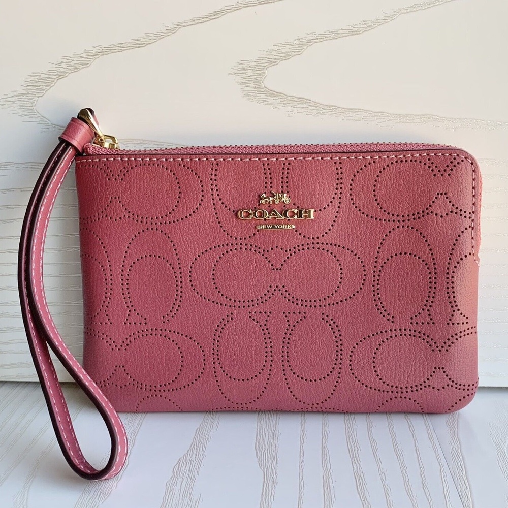 NWT Coach Small Corner Zip Wristlet Perforated Signature Leather Rouge Pink 2961